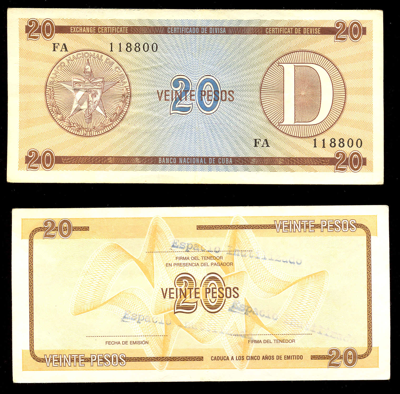Certificado de divisa de 20 pesos